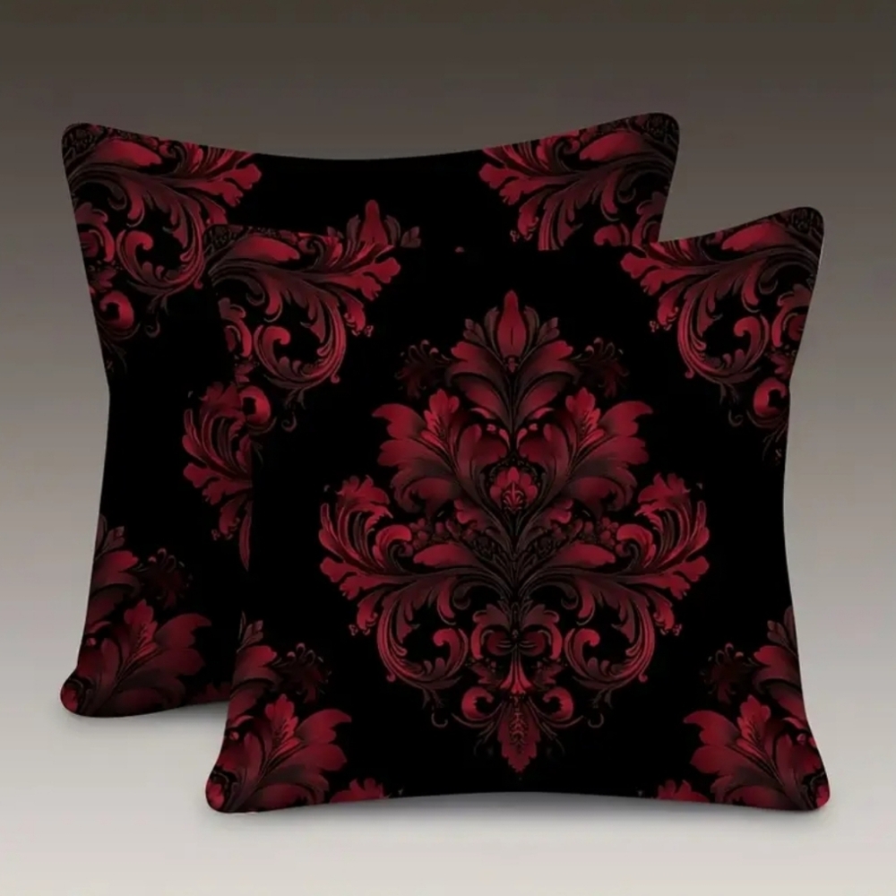 🐎NEW! Set Of Crimson And Black Damask Pillow Covers 18x18 - Picture 1 of 5